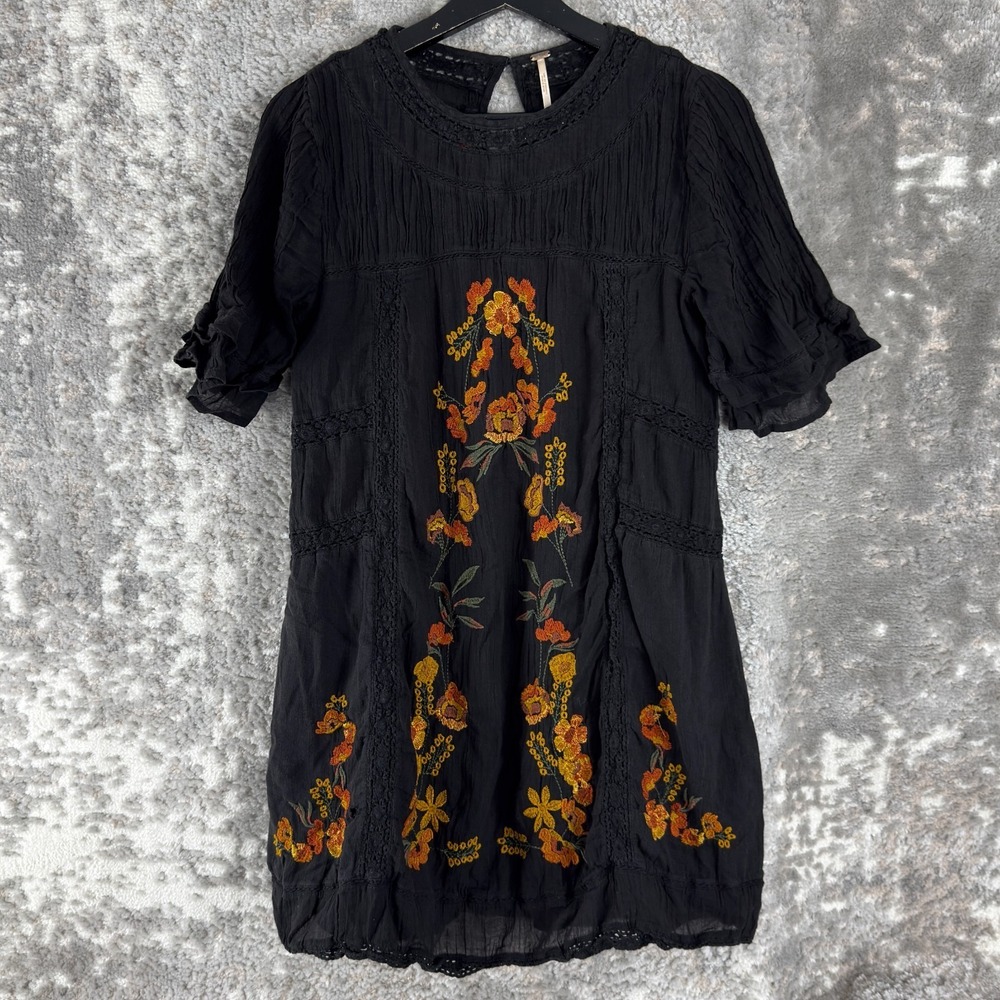 Free People Size S‎ Dark Floral Embroidered Boho Tunic Dress Top Black Keyhole